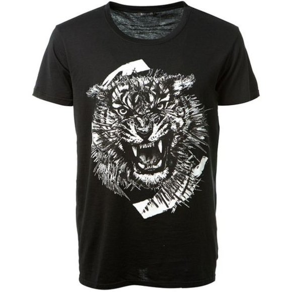 Balmain Tiger Printed Black Cotton T-Shirt Sz S